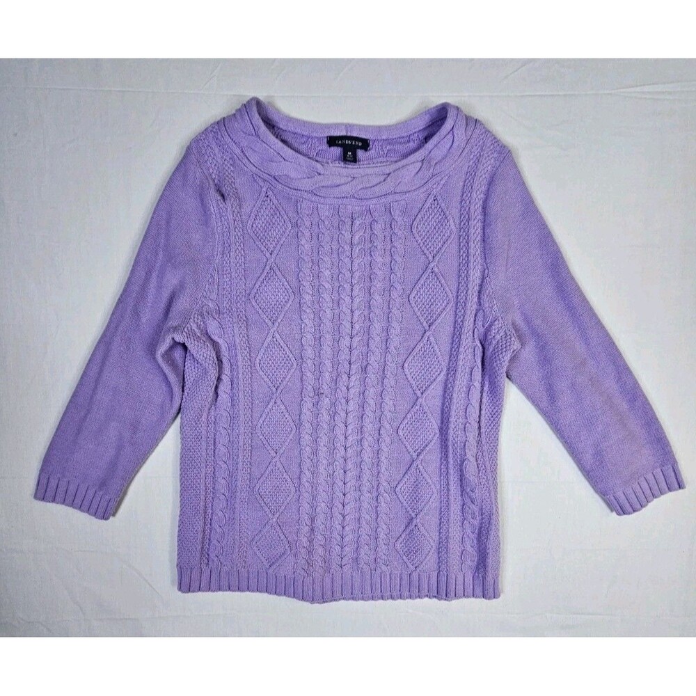 LANDS END Sweater Women's Size Medium 10-12 Purple 3/4 Sleeve Open Neck M